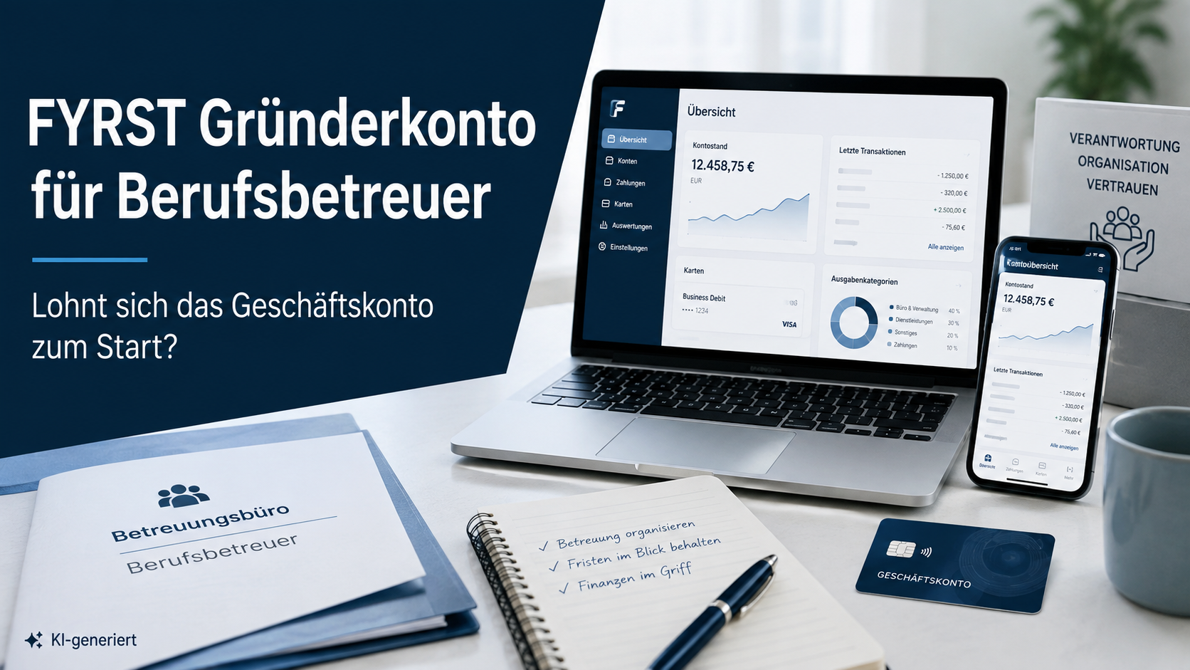 Beitragsbild zum FYRST Gründerkonto für Berufsbetreuer mit Laptop, Smartphone und Geschäftskonto-Darstellung