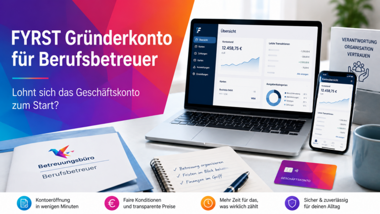 Beitragsbild zum FYRST Gründerkonto für Berufsbetreuer mit Laptop, Smartphone und Geschäftskonto-Darstellung