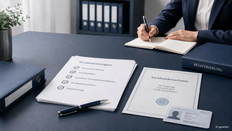 Schreibtisch mit Unterlagen zu Voraussetzungen, Sachkundenachweis und Registrierung für rechtliche Betreuer