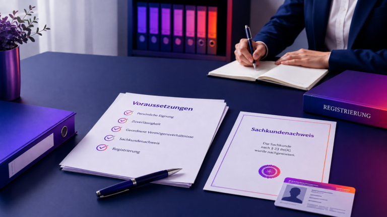Schreibtisch mit Unterlagen zu Voraussetzungen, Sachkundenachweis und Registrierung für rechtliche Betreuer